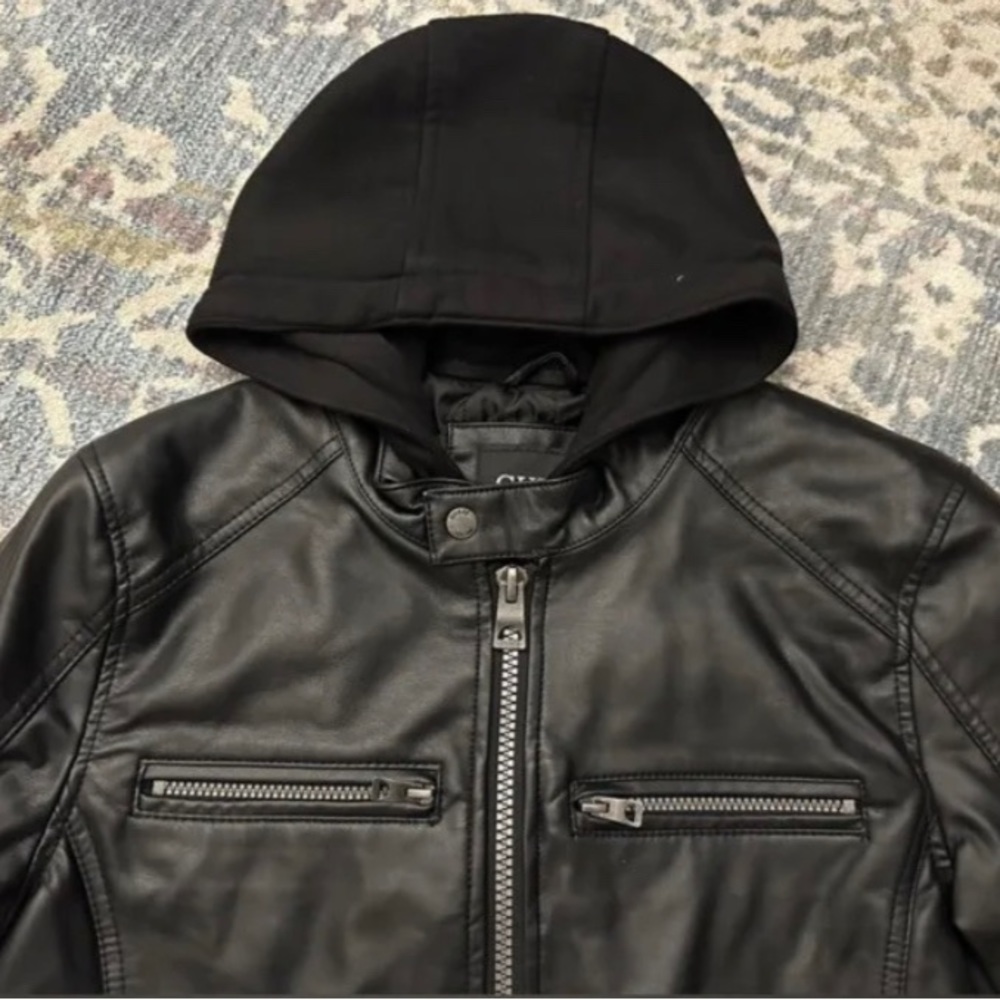 Guess Faux-Leather Detachable-Hood Motorcycle Jacket S